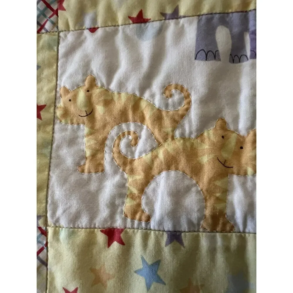 Vintage Handmade Childs Baby Quilt Rainbows Hearts Love Animal Patch Works Cotto